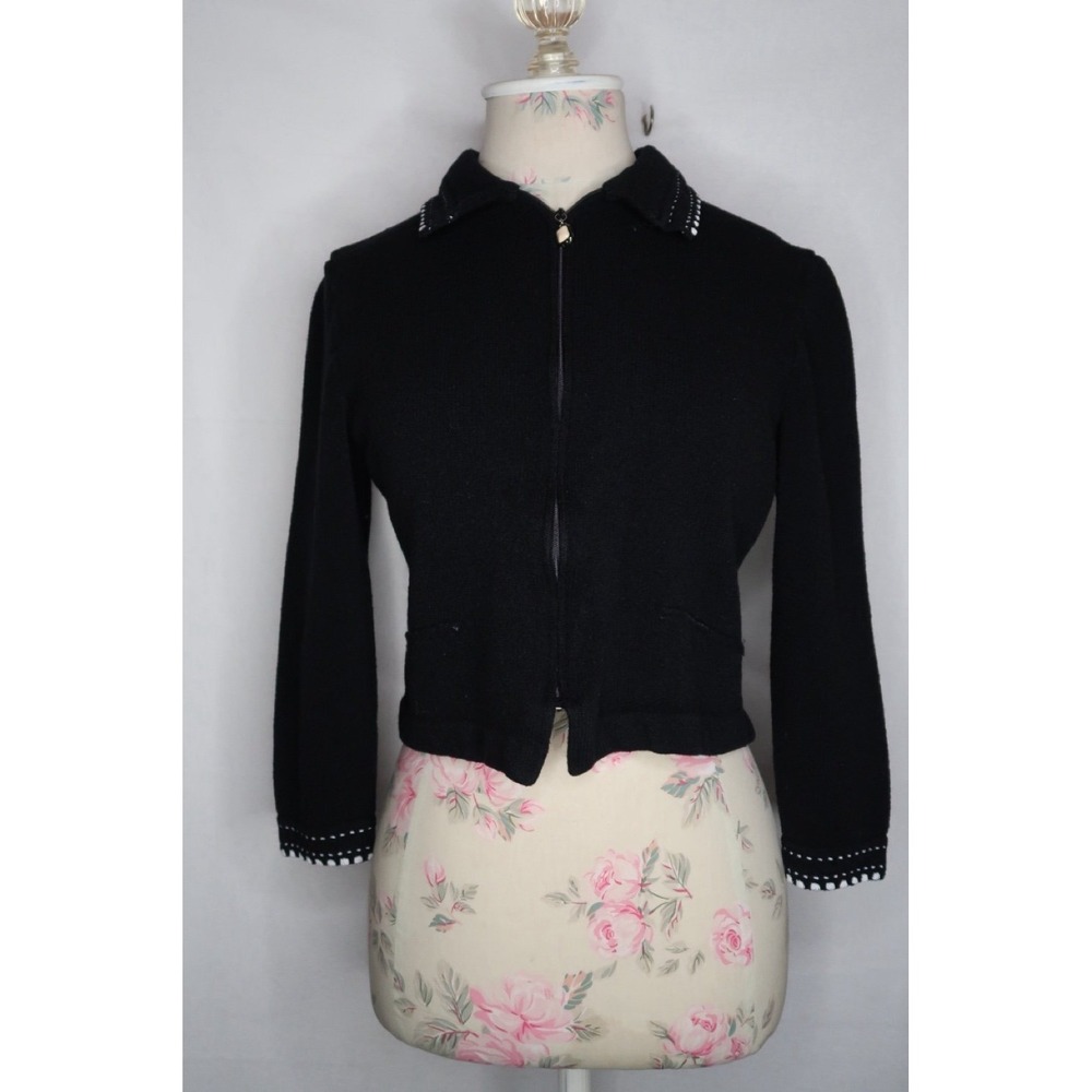 St John Collection Marie Gray Black Knit Zip Front Cropped Jacket Trim Sweater 4